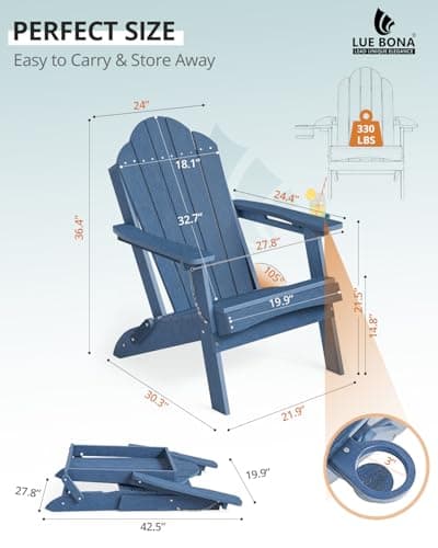 LUE BONA Folding Adirondack Chair, Chairs Set of 2, Cup Holder, Woodgrain, Fire Pit, Patio, Pool, Blue - Thumbnail 2