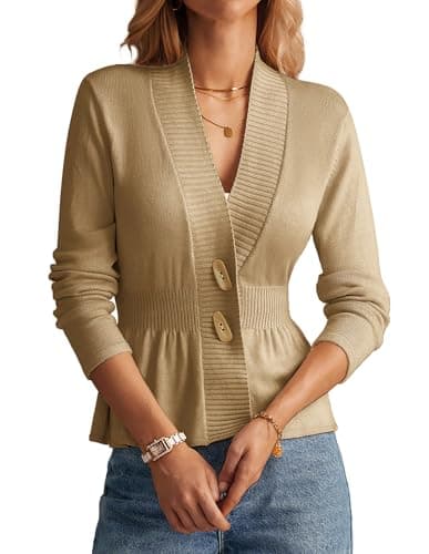 GRACE KARIN Women Cardigan Sweaters 2025 Fall,Long Sleeve Cropped Sweater Coat Trendy,Button Front Peplum Tops Lightweight Khaki - Image 1