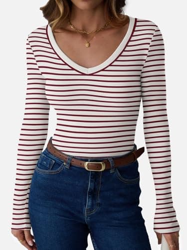 GKBK Womens 3/4 Sleeve Scoop Neck Tops Ribbed Knit Slim Fitted Casual Basic Tee Shirts 2026 Fall Summer Fashion Trendy Work Casual T-Shirt Undershirts Layering Clothes Burgundy White Stripe M - Thumbnail 2