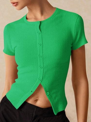 Imily Bela Womens Short Sleeve Sweater Tops Summer Button Down Casual Ribbed Knit Slim Fit Cropped Cardigan Shirts Green - Thumbnail 2