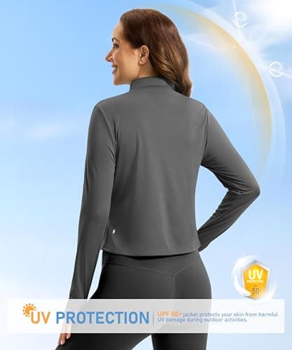 Soothfeel Women's UPF 50+ Sun Protection Athletic Jacket Lightweight Crop Zip Up Long Sleeve SPF Shirts Hiking Workout Pocket Dark Grey M - Thumbnail 3