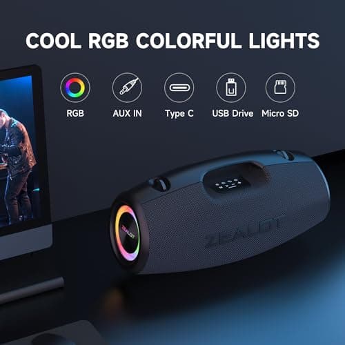 ZEALOT Portable Speakers Bluetooth Wireless, 120W Loud Waterproof Outdoor Speaker with Bass, Subwoofer, 40H Playtime, IP67, EQ, BT 5.3, LED Lights, for Camping Beach Party (Black) - Thumbnail 5