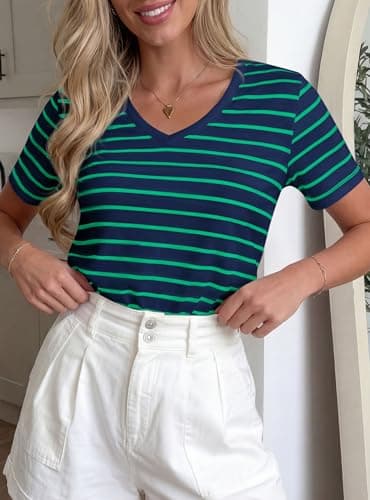PRETTYGARDEN Short Sleeve Shirts for Women 2026 Spring V Neck Cute Tops Casual Striped Shirt Knitted Tees Summer Outfits (Striped Blue Green,XX-Large) - Thumbnail 6