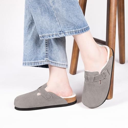 Fuzzy Suede Clogs for Women Fur Lined Leather Mules Soft Non Slip Potato Shoes with Arch Support Grey - Thumbnail 2