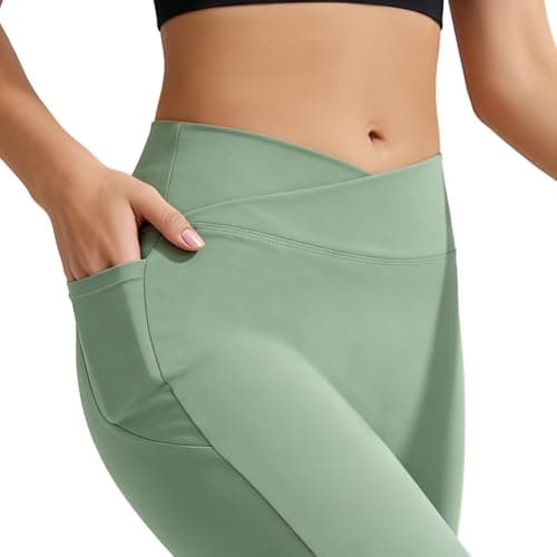 AMLEER Women's V Waist Side Split Wide Leg Yoga Leggings - High Waisted Crossover Stretchy Workout Flare Yoga Pants（Grass Green, Large - Thumbnail 4