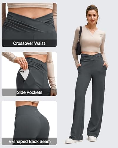G4Free Wide Leg Yoga Pants for Women Cross Waisted Loose Fit Stretchy Work Comfy Casual Trousers with Pockets(Dark Gray,XS,29") - Thumbnail 4