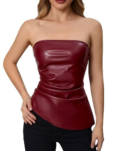 MakeMeChic Women's Leather Corset Tops Strapless Tube Asymmetrical Ruched Backless Crop Going Out Tops Maroon X-Large - Image 1
