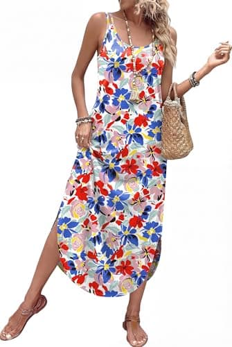 WIHOLL Dresses for Women Casual Spaghetti Strap Maxi Dress High Slit Summer 2026 Beach Vacation Sundress Bachelorette Party Dress with Pockets Blue Flower S - Image 1