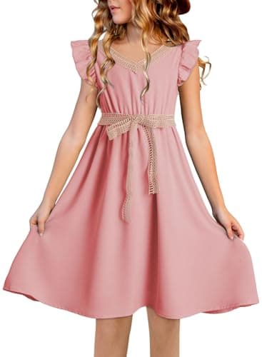 blibean Tween Girls Dresses Summer Short Sleeve Kids Girl Wedding Guest Dress Boho Bohemian Casual Swing Outfit Fashion Semi Formal Party Graduation Clothes Size 12-13 Year Old Pink - Image 1