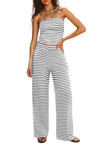UNCOOYEE Two Piece Sets For Women Summer Outfits Lounge Sets Sexy Striped Tube Top And Pants Matching Sets For Going Out Beach Vacation Travel Airport Black and White Small - Image 1