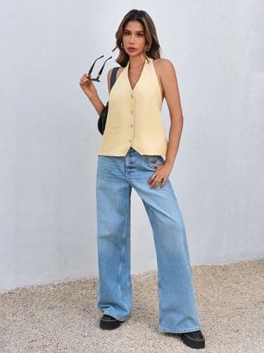 Tankaneo Womens Halter Denim Vest Tops Summer Open Back Y2K Going Out Tank Tops V Neck Button Down Jean Shirts - Thumbnail 6