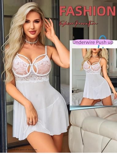 Avidlove White Lingerie for Women V Neck Lace Underwire Bride Lingerie Sexy Push Up Babydoll Dress White M - Thumbnail 3