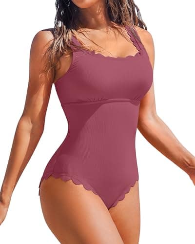 Charmo Square Neck Scalloped One Piece Swimsuit Women Modest Retro Ribbed 1 Piece Bathing Suits Mauve L - Image 1