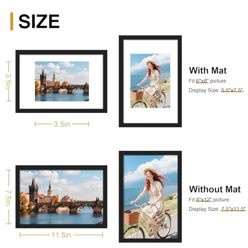 decorUhome 8x12 Picture Frame Set of 10, Display Photos 6x8 with Mat or 8x12 Unmatted for Picture Frames Collage Wall Decor, Black - Thumbnail 3