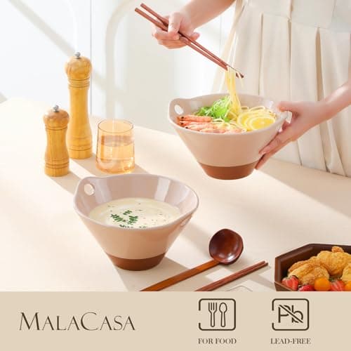 MALACASA 42 oz Ceramic Ramen Bowl Set with Wooden Spoon & Chopsticks, Japanese Style Soup Bowls for Ramen, Pho, Noodles – Set of 2, Microwave & Dishwasher Safe, Series TARA (Pink and Khaki) - Thumbnail 6