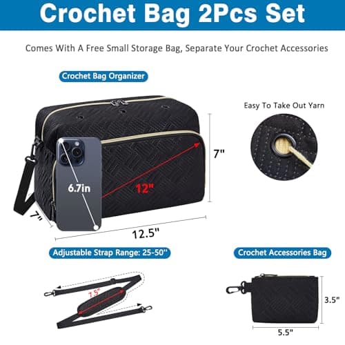 IBFUN Crochet Yarn Knitting Bag 2 Pcs Yarn Storage Organizer Crocheting Bags for Beginners with Shoulder Strap for Knit Accessories Needles Hooks - Thumbnail 4