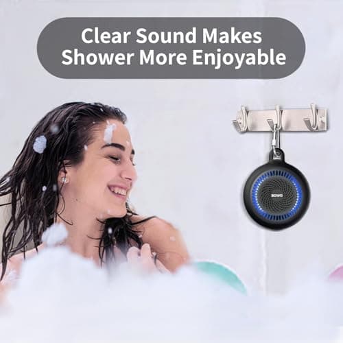 SOWO Shower Speaker Bluetooth Waterproof | Small Portable Wireless Bluetooth Speaker with Clip | Powerful Bass and Louder Volume | Colorful Lights and Lightweight | for Bathroom,Travel,Beach | Black - Thumbnail 6