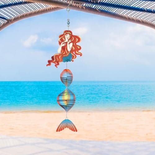 Mermaid Outdoor Decor, Wave Hanging Wind Spinners Stainless Steel Reflective Wind Spinner Yard Art Wind Sculpture,Rainbow Helix Mini Wind Spinners for Yard and Garden Ornaments Gifts,23in - Image 1