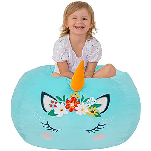 Aubliss Bean Bag Cover for Stuffed Animal Storage - Unicorn Bean Bag Velvet Cover (No Beans) - Large Stuff 'n Sit Organization for Kids Toy Storage (Large, Cyan)