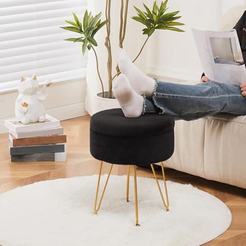 Cplxroc Footrest Footstools Round Faux Fur Ottoman with Storage Space Soft Vanity Chair Seat Coffee Table Ottoman Small Side Table Metal Legs with Adjustable Footings (Black) - Thumbnail 4