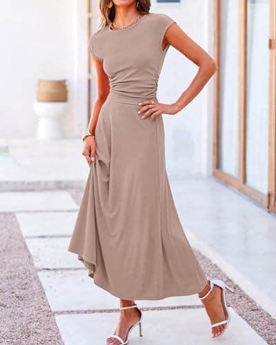 BTFBM Women Two Piece Skirt Set Summer 2025 Casual Vacation Crew Neck Short Sleeve Cropped Top Elastic Waist Midi Skirts(Khaki, Medium) - Thumbnail 5