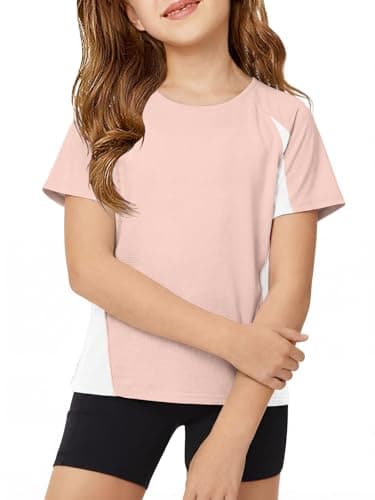ZDC Kids Girls Athletic T Shirts Color Block Crewneck Gym Yoga Tees Casual Cute Basic Tees 5-14 Years Coral Red - Image 1