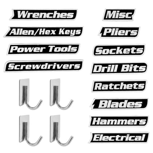 Magnetic Tool Box Labels and Hooks Set, 12 PCS Toolbox Magnetic Labels + 4PCS Self Adhesive Metal Hooks, Reusable Tool Box Accessories Organize for Steel Carts, Drawers, and Cabinets(Black) - Image 1