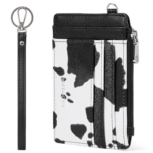 BOSTANTEN Small Wallet For Women RFID Leather Credit Card Holder Slim Wristlet Keychain Wallet With Zipper Pocket White Cow Print - Image 1