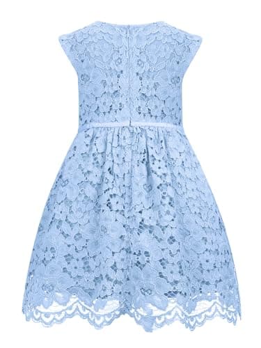 ALLOVIN Girls & Toddlers Sleeveless A-Line Lace Party Dress Birthday Wedding & Flower Girl Dress with Beaded Bowknot | Blue | 2-3T - Thumbnail 2