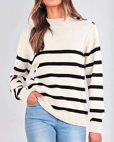 KIRUNDO Fall Sweaters for Women 2026 Striped Turtleneck Ribbed Knit Sweater Trendy Pullover Jumper Winter Fashion Clothing Cream and Black Striped Sweater(Large, White) - Thumbnail 3