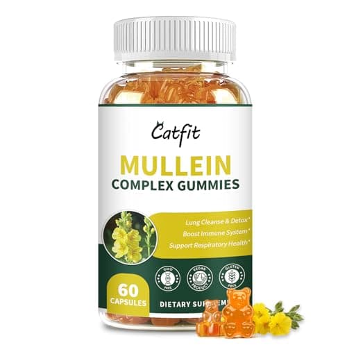 Catfit Mullein Gummies for Lungs – Mullein Leaf Extract with Quercetin, Elderberry for Respiratory & Immune Support,Lung Health & Breathing, Vegan, Pineapple Flavor, 60 Gummies