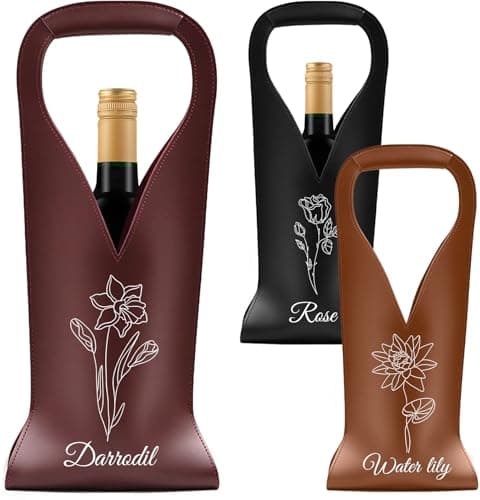 NYLGOXITK Personalized Leather Wine Tote Bag – Custom Name & Birth Flower Wine Bottle Holder, Elegant Reusable Wine Carrier for Birthday, Anniversary, Wedding & Holiday Gifts