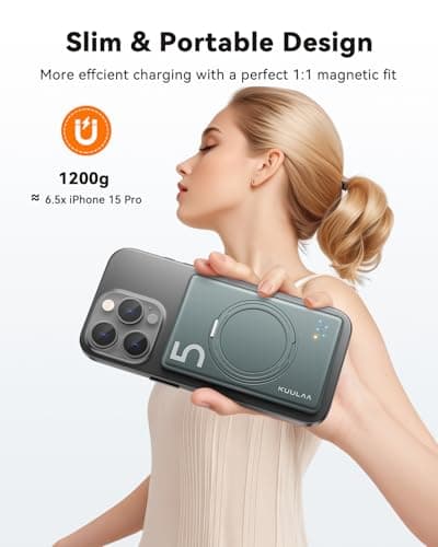 Kuulaa 5000mAh Magnetic Power Bank for iPhone 0.41in Slim Magsafe Battery Pack Wireless Portable Charger with Rotable Stand 20W PD USB C Output for iPhone 17/16/15/14/13/12 Series (Gris) - Thumbnail 4