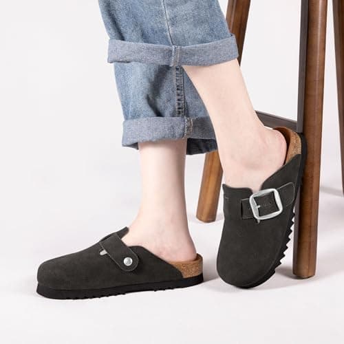 Brelzo Calvior Suede Clogs for Women Leather Mules Slip-on Sandals Men's Potato Shoes with Arch Support Dark Grey - Thumbnail 2