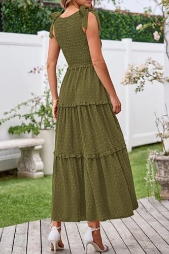 Okiwam Womens Summer Dresses 2026 Sleeveless Tie Strap Maxi Long Flowy Beach Sundresses Boho Swiss Dot Spring Wedding Guest Dress-S Army Green - Thumbnail 3