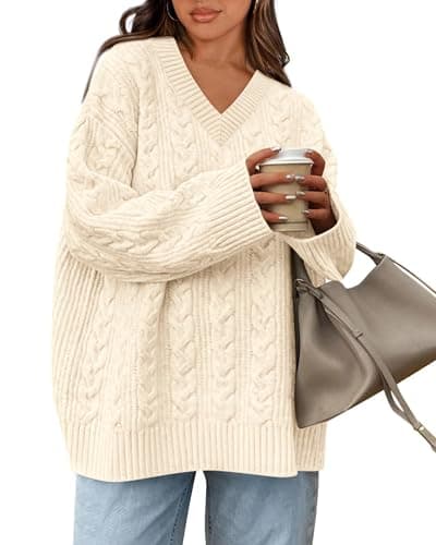 Okiwam Women's Oversized Sweaters Long Sleeve V Neck Cable Knit Pullover Tops Fall Outfits Spring Fashion Clothes 2026-S Beige - Image 1