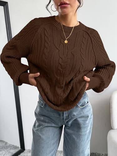 Trendy Queen Women Oversized Sweaters 2026 Fall Fashion Outfits Cable Knit Cozy Crewneck Cotton Pullover Cute Chunky Long Tunic Ladies Top Old Money Clothes Winter Clothing Brown M - Thumbnail 5
