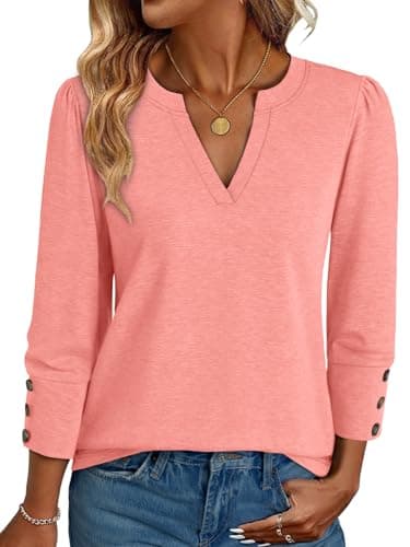 NORACORA Womens Tops 3/4 Sleeve with Buttons Dressy Casual Blouses for Women V Neck T Shirts Beach Vacation Spring Summer Outfits Coral M - Image 1