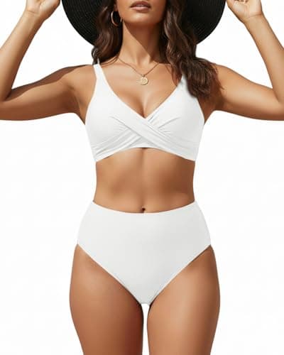 Aqua Eve Women's High Waisted Bikini Set Two Piece Tummy Control Swimsuits High Cut Bathing Suits 2025 White S - Thumbnail 4