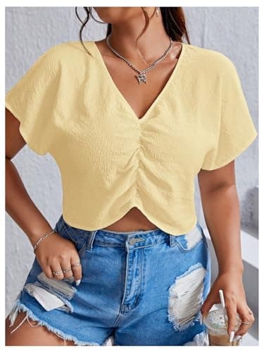 MakeMeChic Women's Plus Size Ruched Front Short Sleeve Shirts Casual V Neck Crop Top Blouse Yellow 3X-Large Plus - Thumbnail 2