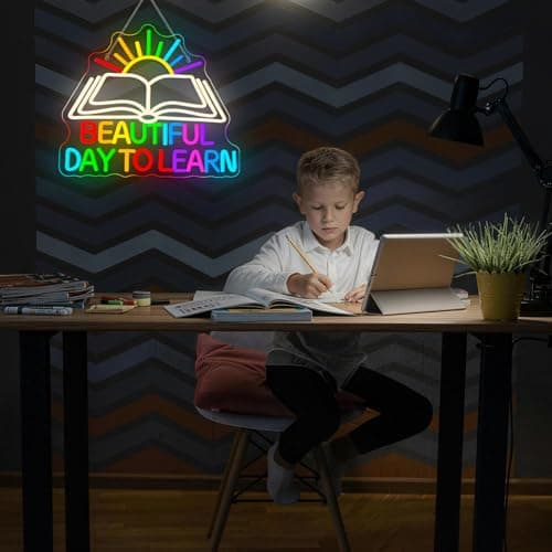 Beautiful Day Neon Sign To Learn Study Neon Signs for Classroom Wall Decor Rainbow LED Lights Up Classroom Bedroom in Reading Corner Decor Library LED Sign Study Office Gifts for Teens - Thumbnail 2