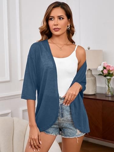 Heymoments Cardigan for Women Navy Blue X-Large Draped 3/4 Sleeve Open Front Lightweight Casual Soft Drape Summer Fall Kimonos Cardigans - Thumbnail 4