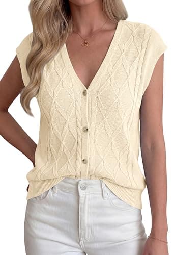 BTFBM Sweater Vest Women V Neck Cap Sleeve Button Down Knit Tops Spring Summer 2026 Loose Lightweight Cardigan Vests(Beige, X-Large) - Image 1