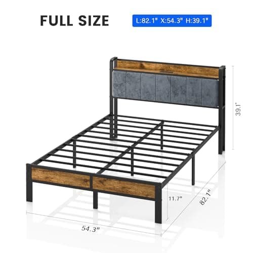 ALBERTO Full Size LED Bed Frame with Charging Station, Upholstered Headboard, Sturdy Metal Platform with Slats, No Box Spring Needed - Thumbnail 2