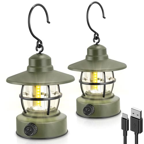 Camping Lantern Rechargeable Battery Powered 【2 Pack】, Camping Gear Must Haves, Camping Accessories, Retro Camping Light Waterproof Hanging LED Tent Lamp for Outdoor Hiking Fishing (Dark Green) - Image 1