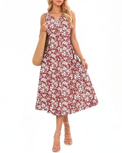 MISFAY Summer Dresses for Women Flowy Plus Size Casual Midi Dress Beach Vacation Sundresses with Pockets (Floral Red,2XL) - Image 1