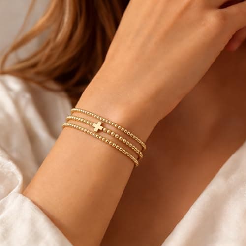 Fohufo Gold Bracelets for Women Gifts - Easter Basket Stuffers for Women Adults, Gold Bracelet Stack, Bead Bracelets for Women Birthday Gifts Easter Basket Stuffers, Bracelet Jewelry - 3 Pcs - Thumbnail 2