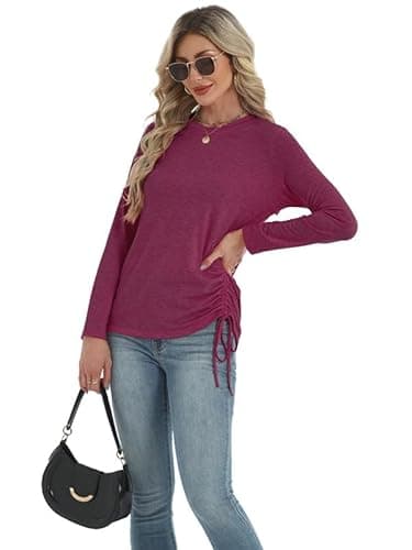 AIZHINENG Womens Long Sleeve Shirts Crewneck Tops Casual Fall Spring Trendy T-Shirts Outfits Clothes 2025 Wine Red - Thumbnail 2