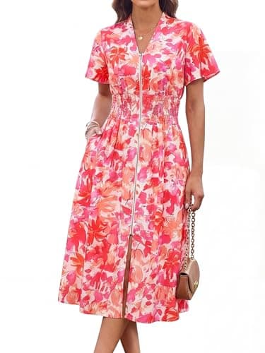 GRACE KARIN Womens Summer Maxi Floral Dress Casual 2026 Long Zipper Dresses Boho Flowy Beach Vacation Sundress with Pockets Red Floral M - Image 1