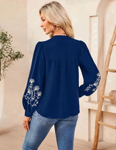 LOOKBOHO Boho Tops for Women Floral Embroidered Long Sleeve Peplum Blouses V Neck Tie Front Mexican Shirt Dressy Casual XXL - Thumbnail 3